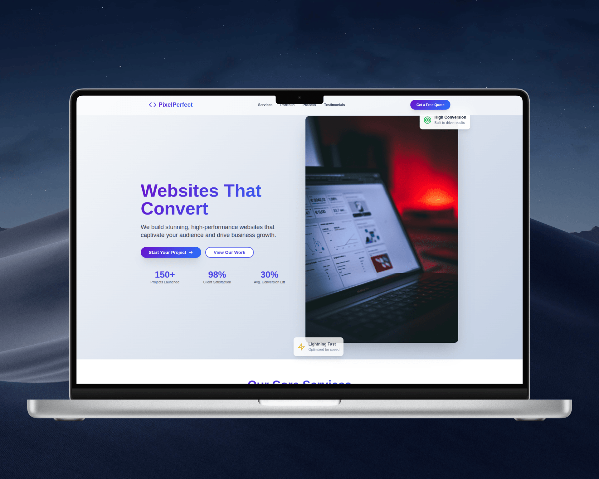 Exemplo de site profissional desenvolvido para empresa de Manaus, exibido em laptop e celular