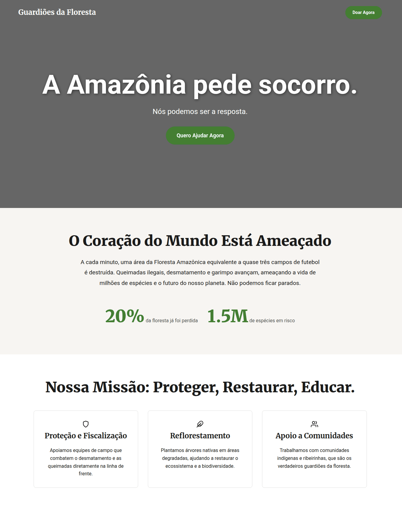 Conceito de landing page para campanha de doação para a Floresta Amazônica